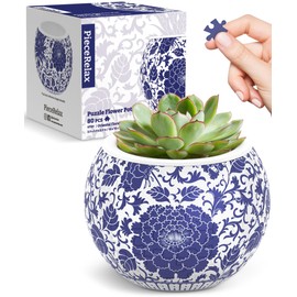 PieceRelax 3D Puzzle Planter - Oriental Floral Ornament - Small Round Plant Pots with Drainage, Home Decor Flower Pots for Indoor Cactus, Succulents Pots [K1101]