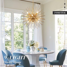 FookChak 24in Gold Sputnik Chandelier 9-Light Starburst Chandelier Light Fixture Solid Metal Mid-Century Modern Satellite Light Fixture for Dining Room Bedroom Bathroom Entryway Kitchen Island