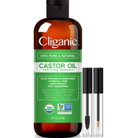 Cliganic USDA Organic Castor Oil, 100% Pure (16oz with Eyelash Kit) - For Eyelashes, Eyebrows, Hair & Skin | Bulk, Natural Cold Pressed Unrefined Hexane-Free | DIY Carrier Oil