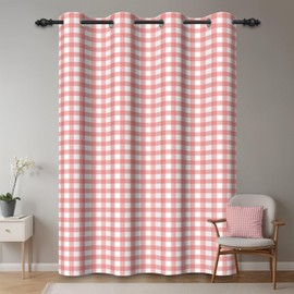 ggaimwf 107x160cm Plaid Eyelet Curtain Buffalo Check Light Red and White Gingham Checkered Squares Pattern Farmhouse Thermal Grommet Blackout Window Drapes for Bedroom Living Room 1 Single Panel