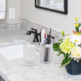 Tonxus Clear Toothbrush Holders for Bathrooms, 2pcs Glass Toothbrush Holder and 12oz Bathroom Tumbler Cup Set, Silver Tooth Brush and Toothpaste Organizer for Bathroom Vanity Countertop