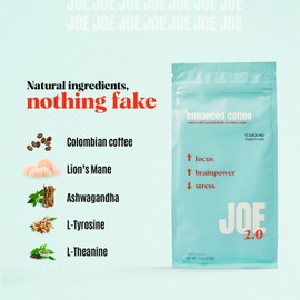 Joe 2.0 - Mushroom Coffee with Lion’s Mane & Ashwagandha – Nootropic Ground Coffee for Focus, Calm Energy & Clarity – Joe 2.0 Medium Roast – 20 Servings (11 oz)