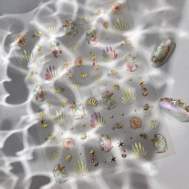 Summer Nail Stickers Starfish Nail Decals 3D Self-Adhesive Shiny Starfish Shell Nail Art Design Sticker Ocean Theme Nails Supplies Decoration Accessories for Women Acrylic Nails