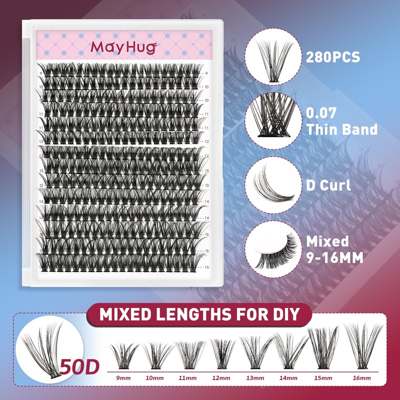 Mayhug Lash Extension Set, 50D Eyelash Extensions Set, 9-16 mm