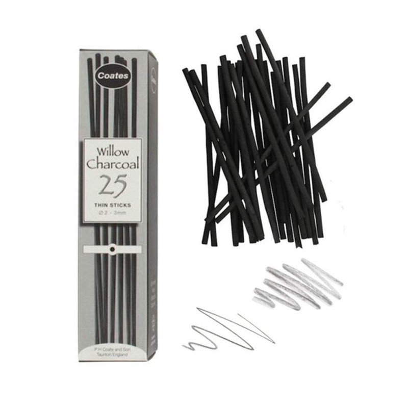 Coates Artist Willow Charcoal Thin Sticks, Wood, Black, 25 Count