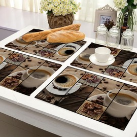 Y YIHANGBEST Coffee Collage Dining Table Placemats Coffee Beans Placement Cloth Linen Wipeable Placemats Table Pads Indoor Table Protectors Non Slip,Set of 4 12 * 18 Inch