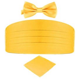 Biruil Men's Cummerbund Bow Tie Set Paisley Pretied Bowtie Hanky Pocket Square Set For Tuxedo Party Wedding (S Yellow)