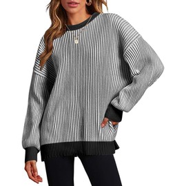 Zeagoo Women 2024 Winter Oversized Sweater Crew Neck Long Sleeve Color Block Pullover Rib Knit Blouse Tops Re Black Medium