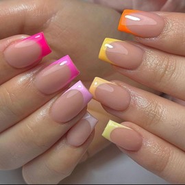 Colorful French Tip Fake Nails - 24PCS Medium Square Press on Nails - Glossy Summer Colorful-edge False Nails with Glue - Full Cover Acrylic Spring Stick on nails for Women Girls Nail Art