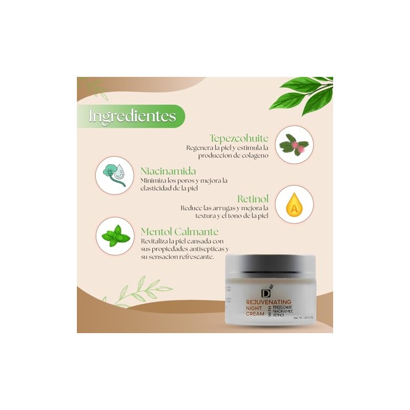 Crema rejuvenecedora de noche con tepezcohuite, retinol, y niacinamida -