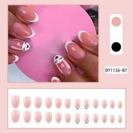 24pcs Easter Press on Nails Short Oval Fake Nails with Shy Rabbit Designs Stick on Nails Acrylic Nails Full Cover White French Tip Easter False Nails Cute Glossy Glue on Nails for Women Girls