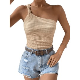 BEAUDRM Women's Solid Knot Detail Tee Tops One Shoulder Asymmetrical Neck Sleeveless Waffle Knit Casual Ruched Tank Apricot Large