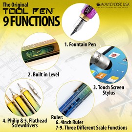 MONTEVERDE USA 9-in-1 Tool Fountain Pen in Rainbow – Broad Nib, PVD-Coated Multifunctional Pen with Stylus, Screwdrivers, Level, and Ruler – Exclusive Collection, Ideal Gift for Creatives