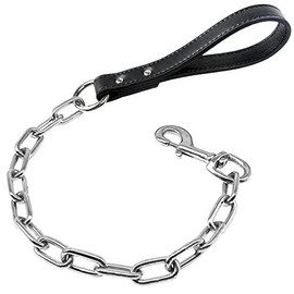 Metal Chain Heavy Duty Dog Leash, 28 inch Length Dog Leash with PU Leather Handle for Large & Medium Size Pets Walking (Black)