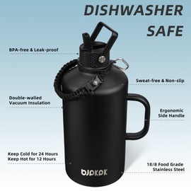 BJPKPK 1 Gallon Water Bottle Insulated with Straw Lid, 50oz, 64oz, 87oz, 128oz Large, Stainless Steel Water Bottles with 3 Lids and Paracord Strap, Double Wall Vacuum Metal Water Jug,Black