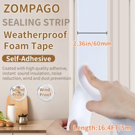ZOMPAGO EVA Self - Adhesive Foam Tape |16.4ft Length, 2.4in Widths,White,| Winter - Ready Waterproof, Dustproof, Soundproof Weather Stripping for Windows, Doors & More to Block Chilly Drafts