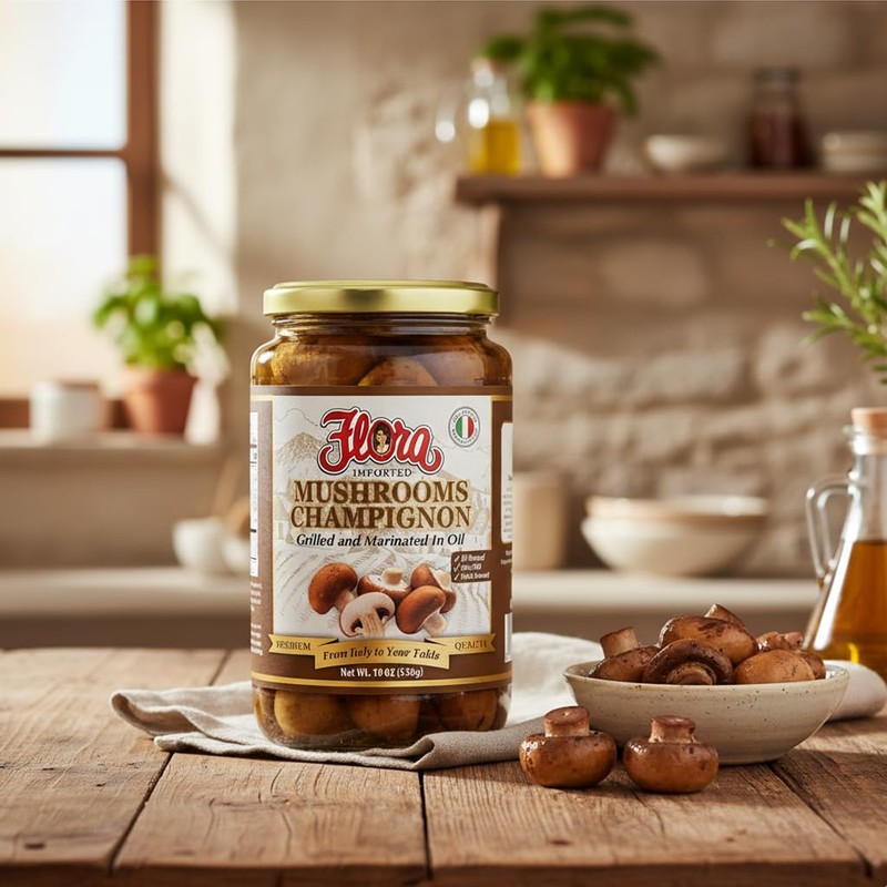 Flora Imported Mushrooms Champignon, Grilled and Marinated in Oil, Authentic