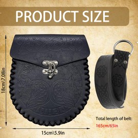 AUNGCSHE Medieval Bag Embossed Medieval Belt and Medieval Belt Bag, Viking Belt for Matching Viking Pirate Wizard Knight Renaissance Costume, Black Wolf, axe