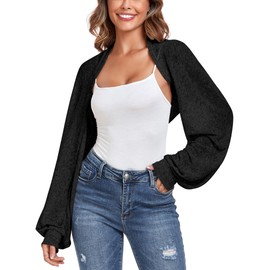 ZAFUL Women's Cardigan Shrugs Long Batwing Sleeve Knitted Cropped Bolero Open Front Casual Cardigans for Dresses Black M