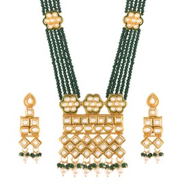 I Jewels 18K Gold Plated Indian Wedding Bollywood Uncut Polki Kundan Multi Strand Brass Necklace Jewelry Set With Earrings for Women (ML252), 18k Gold Plated