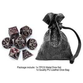 Haxtec DND Dice Set Metal D&D Dice Set with Leather Dice Bag Antique Iron Red Metal Polyhedral Dice for Dungeons and Dragons TTRPG Gifts