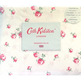 CATH KIDSTON of London Home Luxury Collection 4 Piece 200tc Rose Flora Sheet Set 100% Cotton Percale Crisp & Cool, Lightweight Bedding (SCATTERED ROSE, King (U.S. Standard)), White