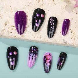 Black Purple Gradient Press on Nails Almond Medium Branches Pattern Design Full Cover Glossy Almond Tip Acrylic False Nail Press Ons Artificial Fingernails 24Pcs DIY Reusable Glue on Nails for Women