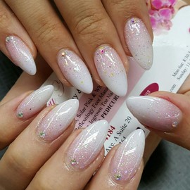 24Pcs Pink Press on Nails Medium Almond Fake Nails Gradient White Tip Glue on Nails with Rhinestones Glitter Design Full Cover Artificial Nails French False Nails for Acrylic Manicure Decorations
