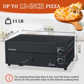 Anatole Electric Pizza Oven 12" 1800W Indoor Countertop Pizza Maker Time Temperature Adjustable Multifunctional Pizza Cooker with Removable Grill Crumb Tray ETL Certified