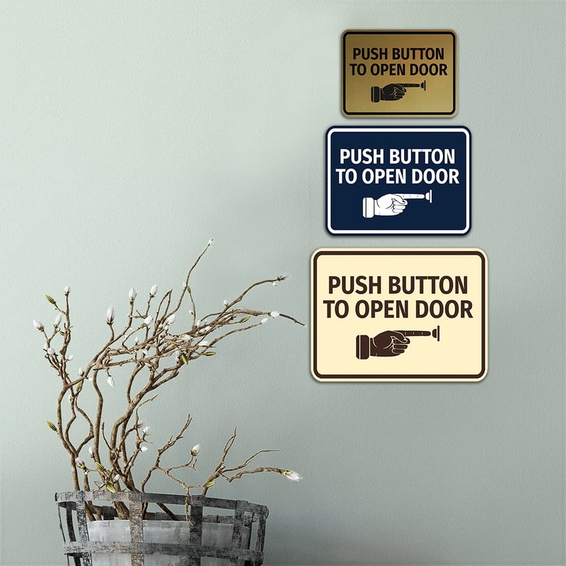 Classic Framed Push Button to Open Door Sign (Brushed Silver)