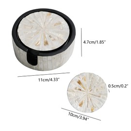I-lan 6Packs Mother of Pearl Coasters with Holder, Shiny Cream Seashell Inlay Round Cup Holder, Decorative Coasters Capiz Shell Trivet for Coffee Table, 4.3"x4.3"