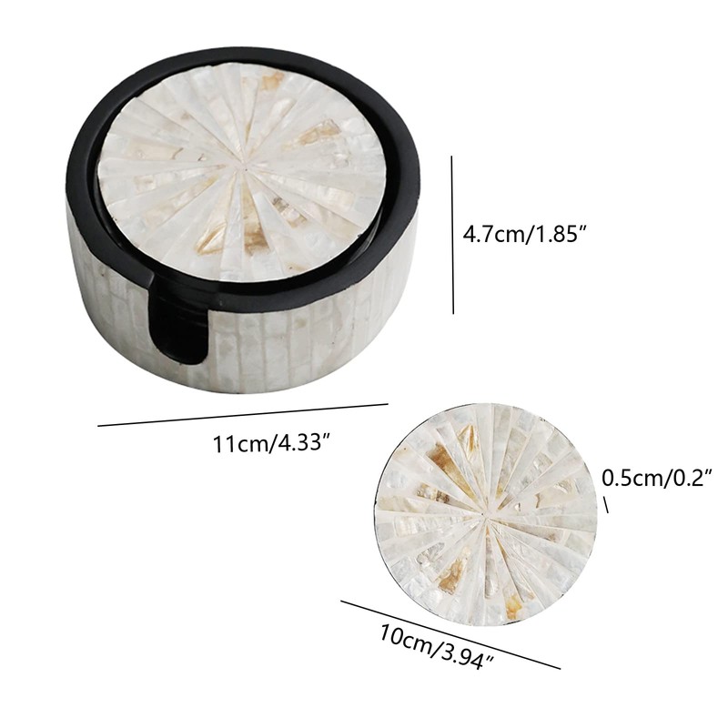 I-lan 6Packs Mother of Pearl Coasters with Holder, Shiny Cream