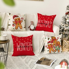Artoid Mode Lebkuchenmann Kekse Lollipop Schneeflocken Weihnachten Kissenbezüge 4er Set, 50x50 cm Blumen Zierkissenbezug Cushion Cover Couch Deko