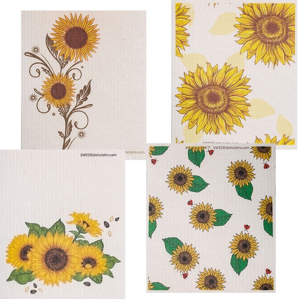 Swedish Dishcloth Mixed Sunflowers Set of 4 Each Swededishcloths (one of each design) | ECO Friendly Reusable Absorbent Cleaning Spongecloth