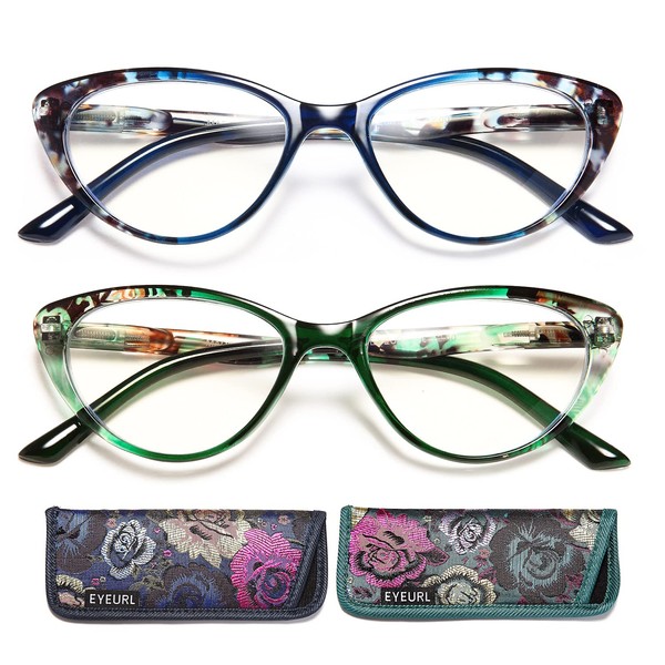 EYEURL-Gafas de lectura de ojo de gato para mujer, paquete de 2 lectores de bloqueo de luz azul para damas Patrón de moda con bisagra de primavera + aumento 3.0 Anti fatiga visual Protección UV