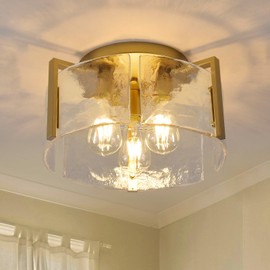 MIAYBPH Gold Semi Flush Mount Ceiling Light Fixture, 14-Inch Farmhouse Modern Flush Mount Light Glass Drum Lights Foyer Lighting Fixtures for Kitchen Entryway Hallway Laundry Room Bedroom Bathroom