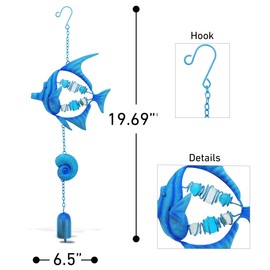 CoTa Global Blue Fish Sea Glass Hanging Wind Chime 19.69 Inch, Nautical Glass Windchime Outdoor Decor for a Harmonic Porch, Patio & Garden, Unique Beach Art Indoor Wind Chime Window Mobile