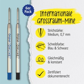 Online 6 ballpoint pen refills blue and black, G2 format, line width M, (Swiss made), suitable for: Parker, Pelikan, Faber-Castell etc., extremely high quality and durable, standard ballpoint pen