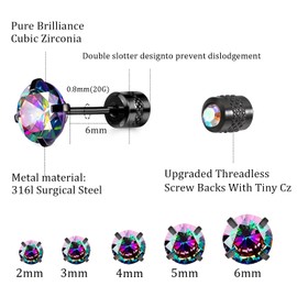 VOLUKA Titanium Earrings for Sensitive Ears, 5 Pairs Screw Back Hypoallergenic Surgical Grade Titanium Cubic Zirconia Stud Earrings for Women Men - Black Colorful