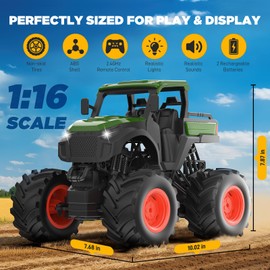 1:16 Remote Control Tractor Toy, RC Farm Cars, 2.4GHz Monster Truck Toy with LED Lights, 2×800mAh, All-Terrain Vehicle Birthday Gift for 3-12 Year Old Boys Girls
