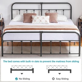 VECELO King Size Victorian Style Metal Bed Frame with Headboard Classic Metal Platform Bed Frame Mattress Foundation with Victorian Style Footboard/Under Bed Storage/No Box Spring Black