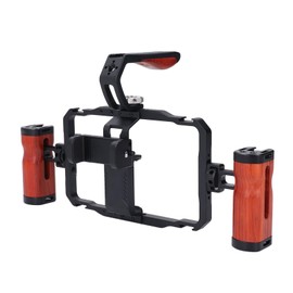 Aluminum Alloy Detachable Dual Wooden Handles Phone Cage for Cellphone Handheld Stabilizer, Smartphone Video Rig Kit, Universal Phone Video Rig Kit for Vlogs Videos Live Streaming