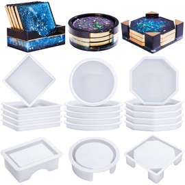 LET'S RESIN 18 piezas de moldes de posavasos de resina de silicona, moldes de posavasos con moldes de soporte de forma redonda, cuadrada y octogonal para resina epoxi, manualidades de arte y tapetes
