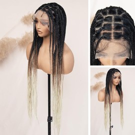 FABÉLLE 32 Inch Long Synthetic Braided Wig Knotless Box Braid Wigs with Baby Hair Single Full Lace Braided Wigs for Black Women - T1B/30/613 Ombre Brown Blonde Hair