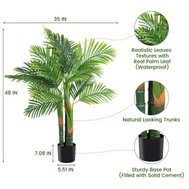 AnTing 4FT Artificial Golden Cane Palm Tree 15Leaves Faux Triple Tropical Palm Plants with Pot for Gift Home Office Decor Green (Set of 2)