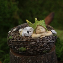 Top Collection 4202 Sleeping Fairy Baby with Owl in Nest Figurines, White, Brown, Cream, Green