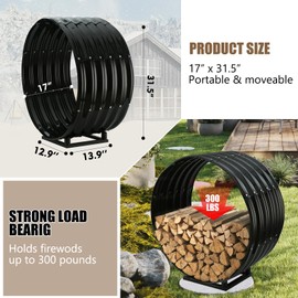 Firewood Log Rack Hoop,32 Inch Rust Proof Heavy Duty Round Wood Lumber Holder for Outside, Weather Proof Steel Black Fire Wood Storage Rack for Outdoor Patio Yard Deck Porch Indoor Firepit Stove