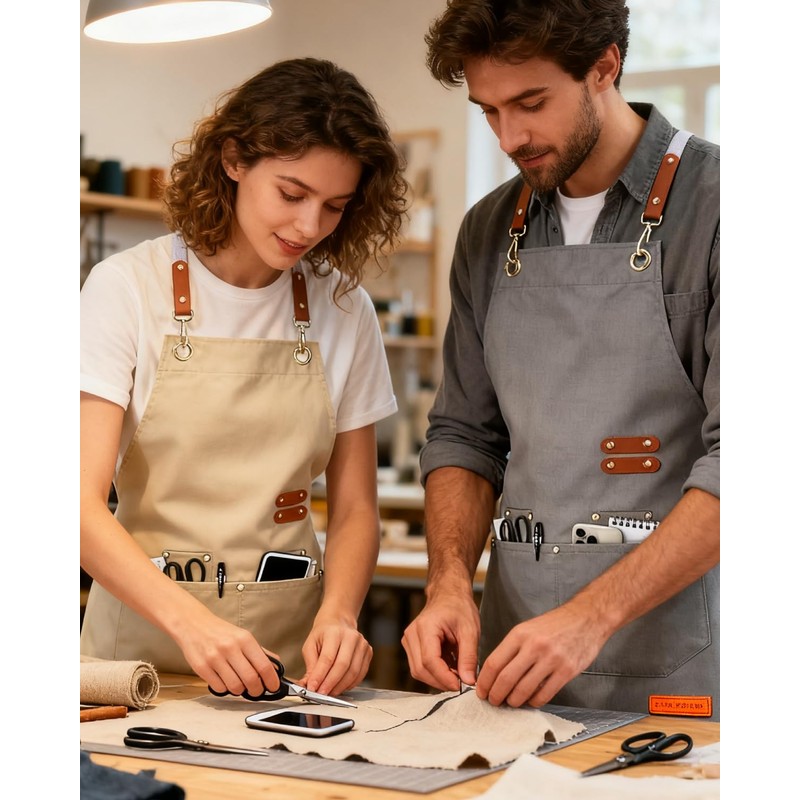 Teskyer Kitchen Cooking Apron with 4 Pockets, Water Oil Resistant,