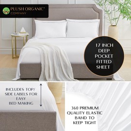 Queen Luxury 4 Piece Bedsheet Set by Plush Organic Company, White with Navy Piping, Viscose (Rayon) derived from bamboo, Organically grown, Ultra Soft with17 inch Deep Pockets, 300 Thread Count