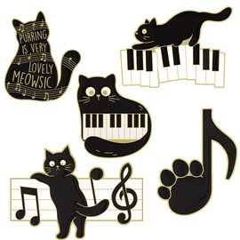 5pc Cartoon Black Cat Piano Notes Alloy Enamel Lapel Pin Brooch Clothing Bag Coat Decoration Buckle Badge